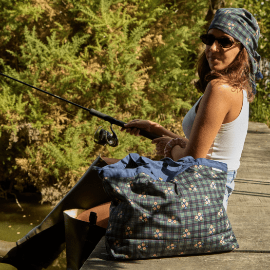 Pleated tote bag - Medium size tartan fleuri
