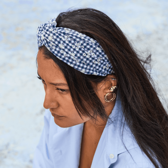 crossed headband navy embroidered gingham