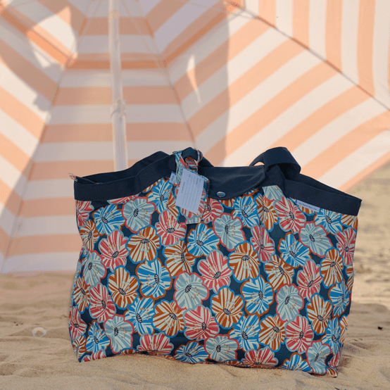 Pleated tote bag - Medium size anémones rayées