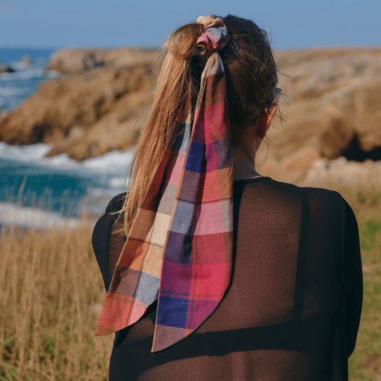 Long tail scrunchie ruby lurex tartan