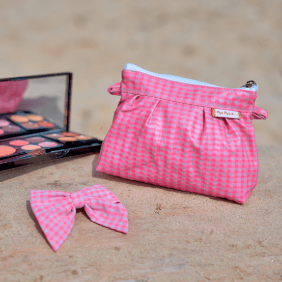 Mini Pleated clutch bag neon pink gingham