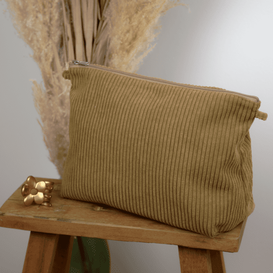 Cosmetic bag with flap brown large corduroy