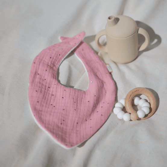 bandana bib gaze pois or rose thé
