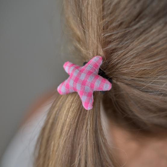 Pony-tail elastic hair star neon pink gingham