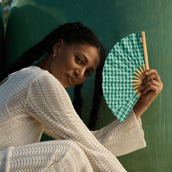 Hand-held fan green mint gingham