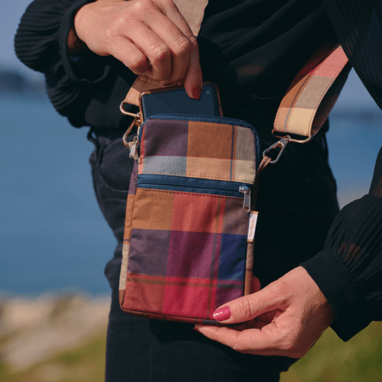 Quilted phone pocket ruby lurex tartan