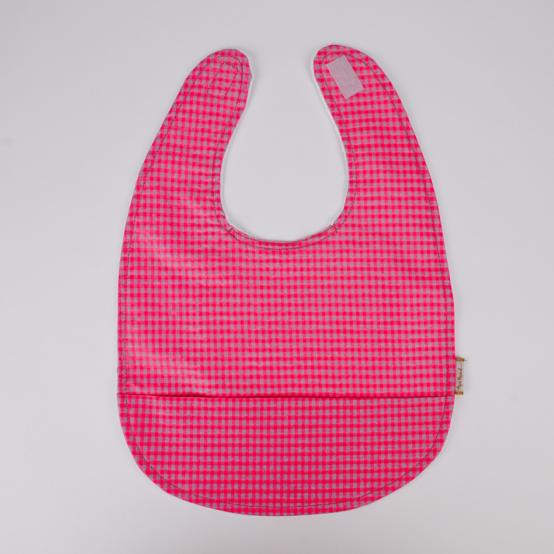 Coated fabric bib neon pink gingham