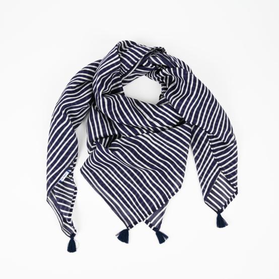 Pom pom scarf striped  ivory navy