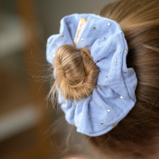 Scrunchie gaze pois or bleu baltique