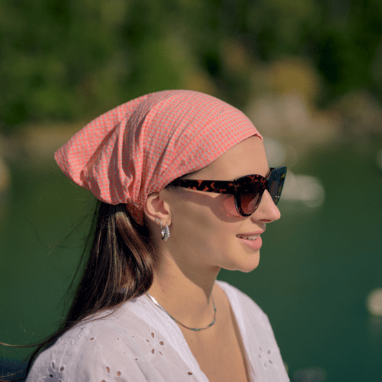Headscarf headband- Adult size neon orange gingham
