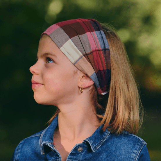 Headscarf headband- child size ruby lurex tartan