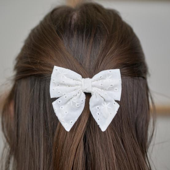 Bow tie hair slide starry white english embroidery 