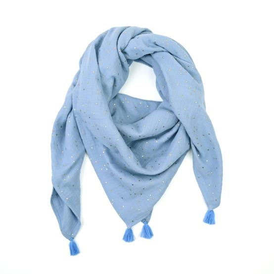 Pom pom scarf gaze pois or bleu baltique