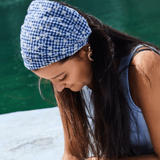 Headscarf headband- Adult size navy embroidered gingham