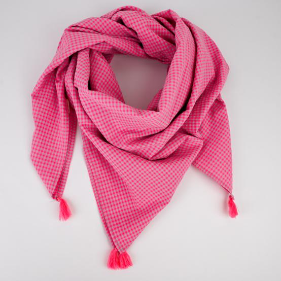 Pom pom scarf neon pink gingham