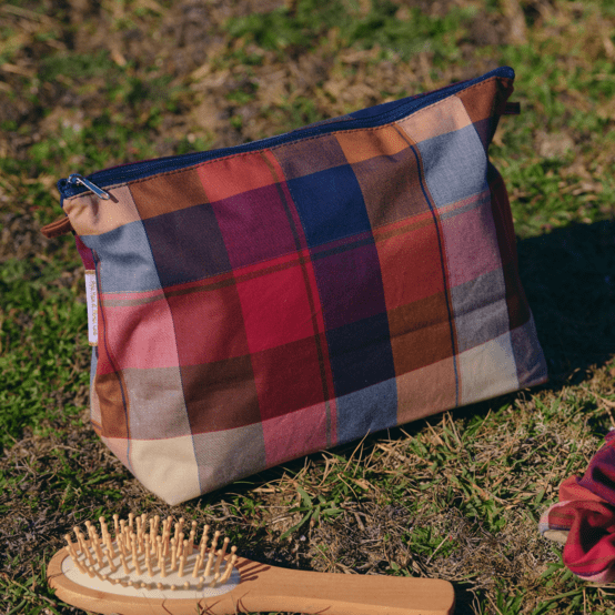 Cosmetic bag with flap ruby lurex tartan