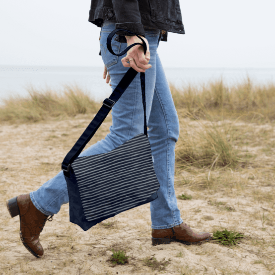 Square flap of saddle bag  striped silver dark blue