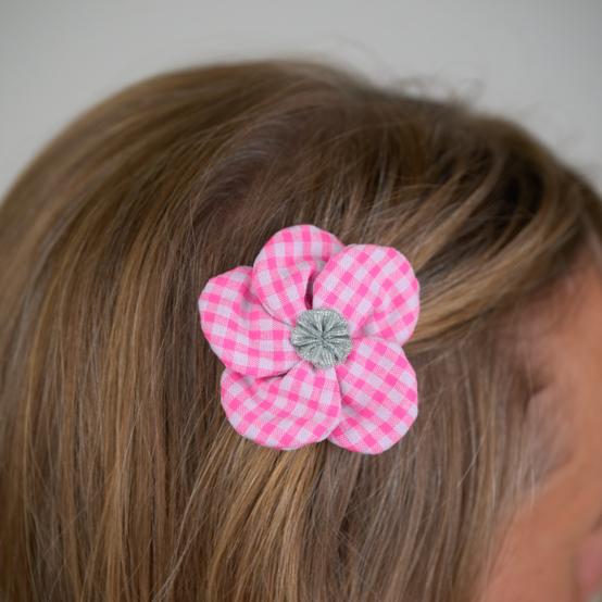 Flower petal hair slide small  neon pink gingham