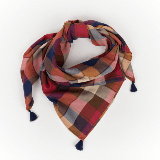 Pom pom scarf ruby lurex tartan