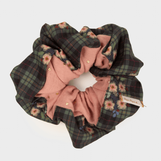 Large Two-Tone Scrunchie tartan fleuri - pink gauze