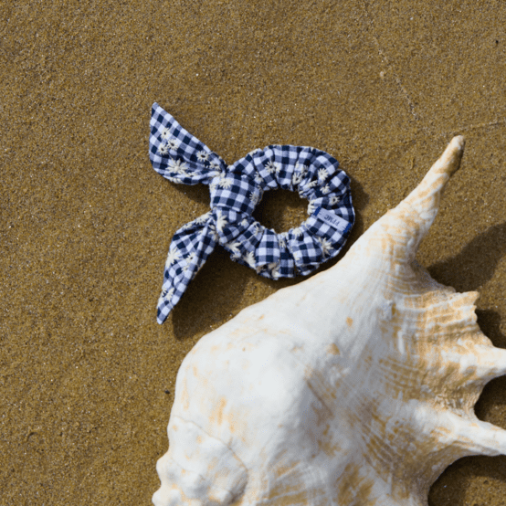 Bunny ear Scrunchie navy embroidered gingham