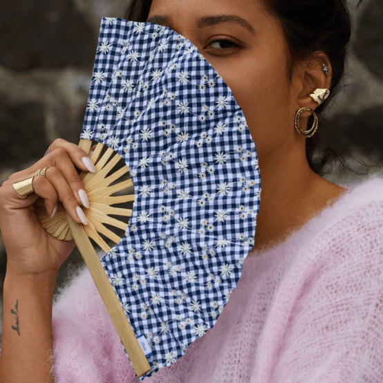 Hand-held fan navy embroidered gingham