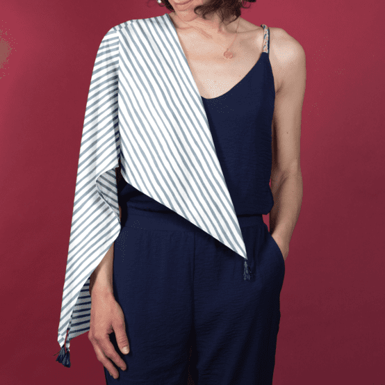 Pom pom scarf striped blue gray glitter