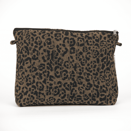Cosmetic bag with flap mocha quilted leopard