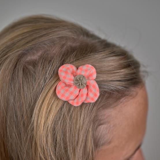 Mini Flower petal hair slide neon orange gingham