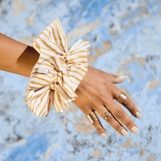 Maxi Double Scrunchie rayé or blanc