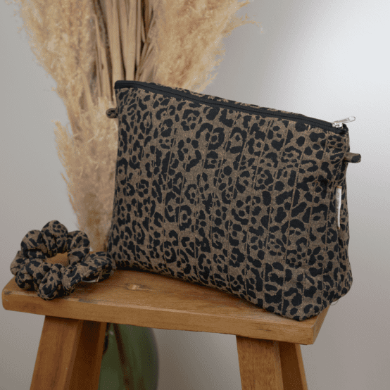 Cosmetic bag with flap mocha quilted leopard