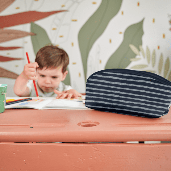 Pencil case striped silver dark blue