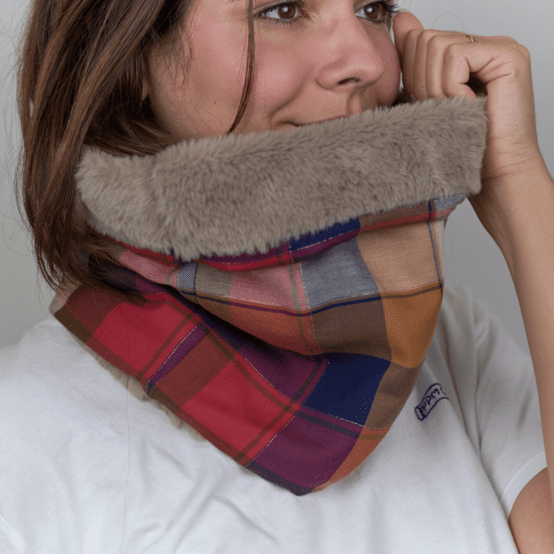 Adult Fur scarf snood ruby lurex tartan