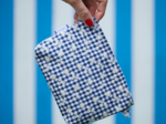 Tiny coton clutch bag navy embroidered gingham