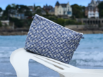Cosmetic bag with flap navy embroidered gingham