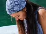 Headscarf headband- Adult size navy embroidered gingham