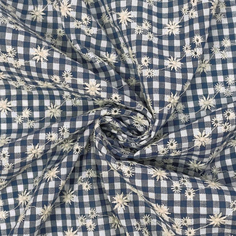 Cotton fabric navy embroidered gingham