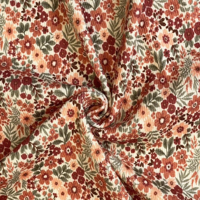 Jersey fabric rust flowers ribbed jersey