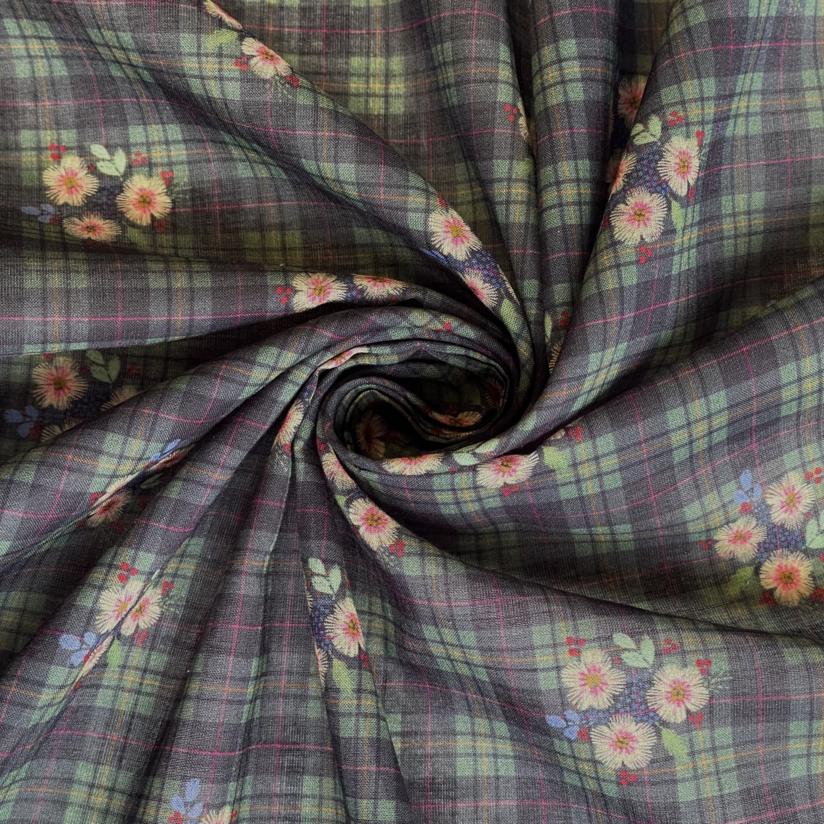Cotton veil fabric tartan fleuri