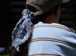 Short tail scrunchie navy embroidered gingham