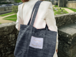 Foldable tote bag striped silver dark blue