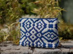 Cosmetic bag with flap jacquard bleu