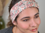 Stretch jersey headband  rust flowers ribbed jersey
