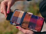Quilted phone pocket ruby lurex tartan