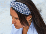 crossed headband navy embroidered gingham