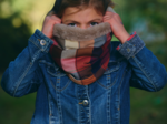 Children fur scarf snood ruby lurex tartan