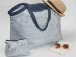 Tote bag with a zip striped blue gray glitter