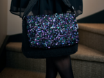 Square flap of saddle bag  purple black sequin