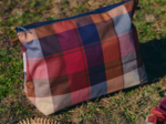 Cosmetic bag with flap ruby lurex tartan