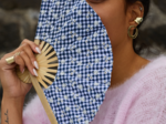 Hand-held fan navy embroidered gingham
